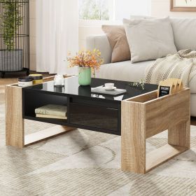 ON-TREND High Glossy Coffee Table with 2 Drawers, Practical Two Tone Center Table with Hidden Compartments