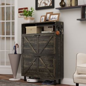 Farmhouse Shoe Storage Cabinet with Barn Door Design, Shoe Organizer with 2 Flip Drawers